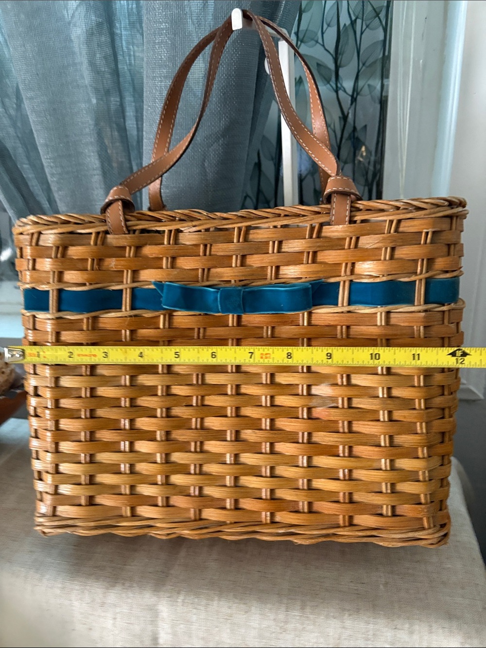 Kate Spade vintage Woven Tote Bag with Teal Accent and Tan Leather Handles - Picture 12 of 12